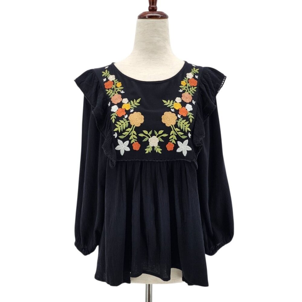 NEW In Loom Womens XS Top Embroidered Floral Tunic Peasant Black Multicolor Boho